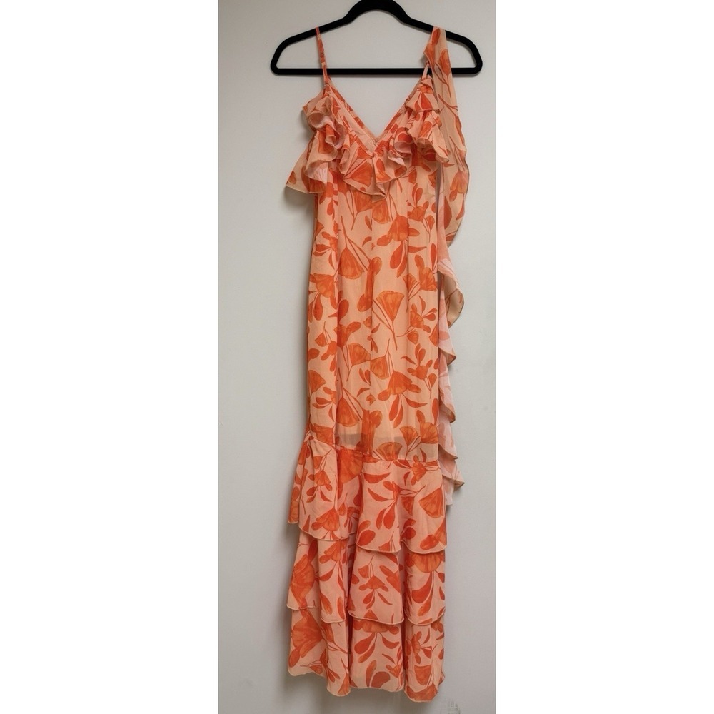 Finesse Floral Maxi Dress Orange Peach Ruffle Tiered Sheer Wedding Guest XS - Picture 4 of 12